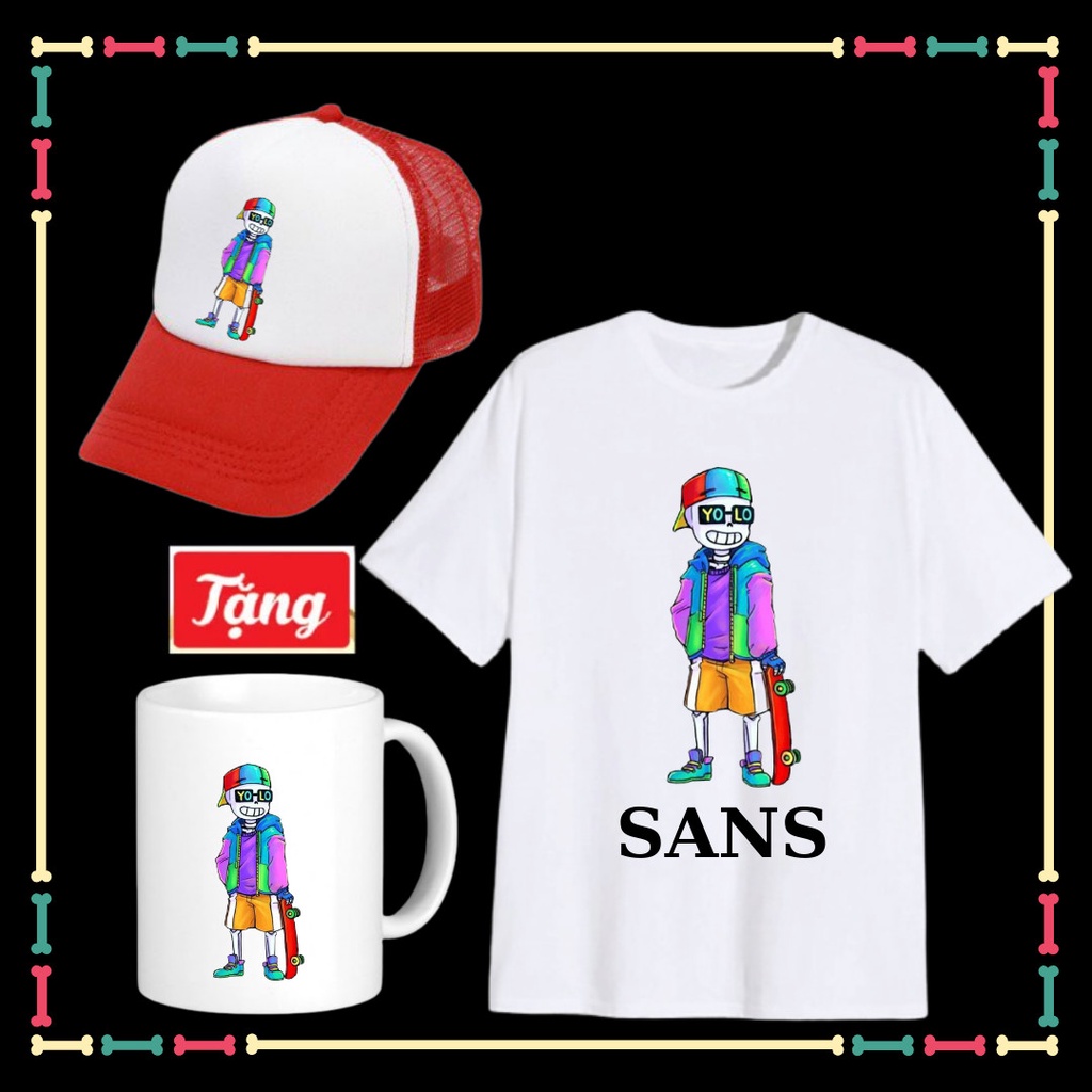 Combo Mũ Áo Sans Cầu Vòng dễ thương cho bé trai bé gái vải co giãn 4 chiều mềm mịn Tặng ngay Ly sứ Sans Undertale