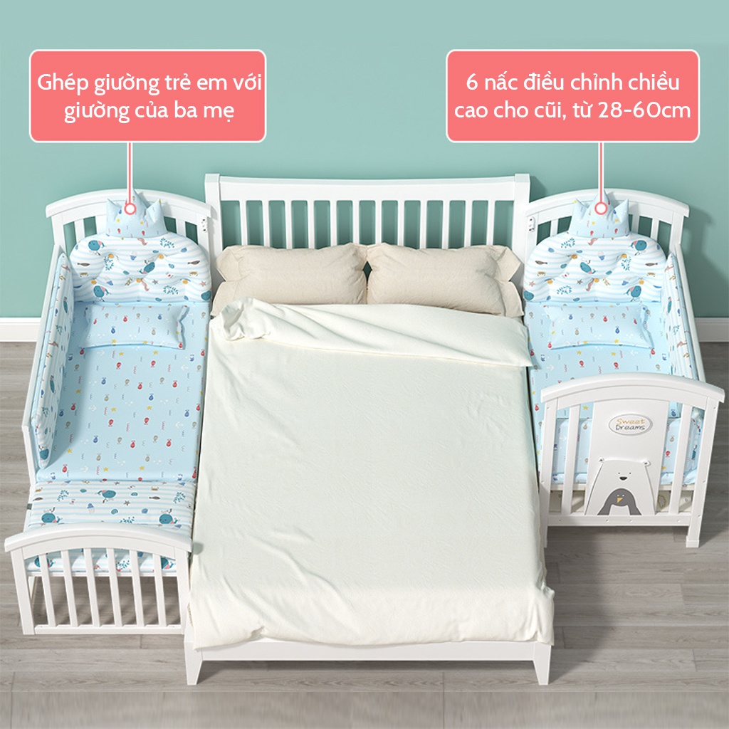 Cũi gỗ trắng đa năng 6 chế độ cho bé RUNA KIDS chất liệu gỗ thông New Zealand bảo hành 3 năm( tặng ga chun)