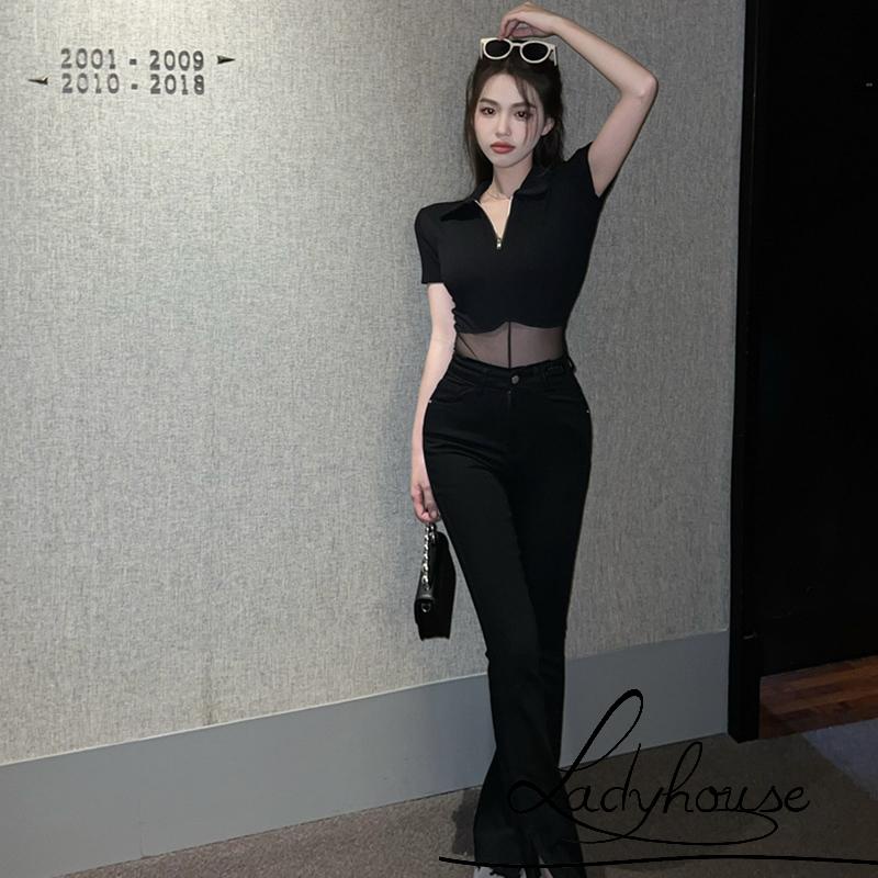 LDD-Women Attractive Sheer Bodysuit, Black Solid Color Quarter Zip Turn-down Neckline Romper