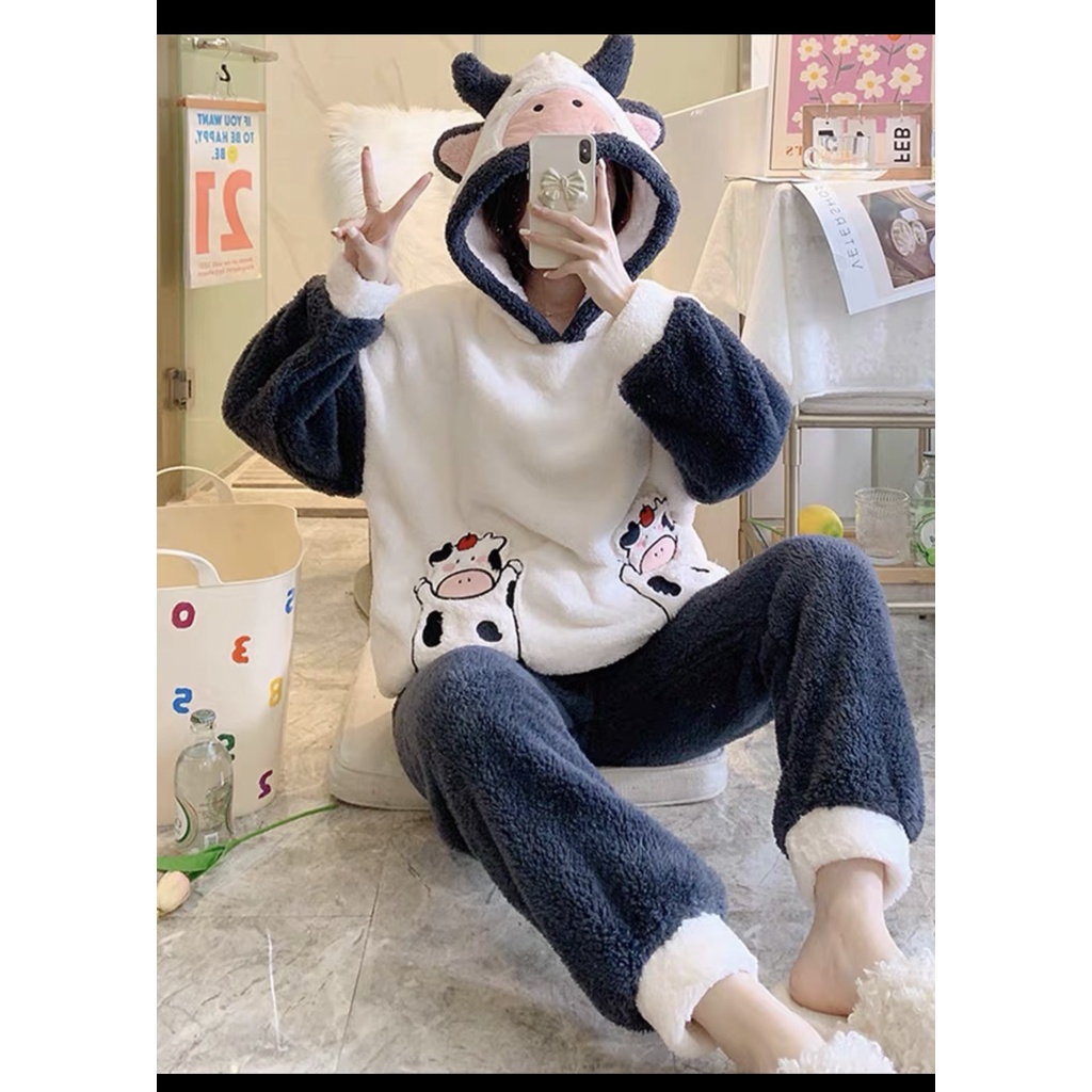 Bộ đồ lông bò sữa phối màu siêu cute mix quần ống suông BN124