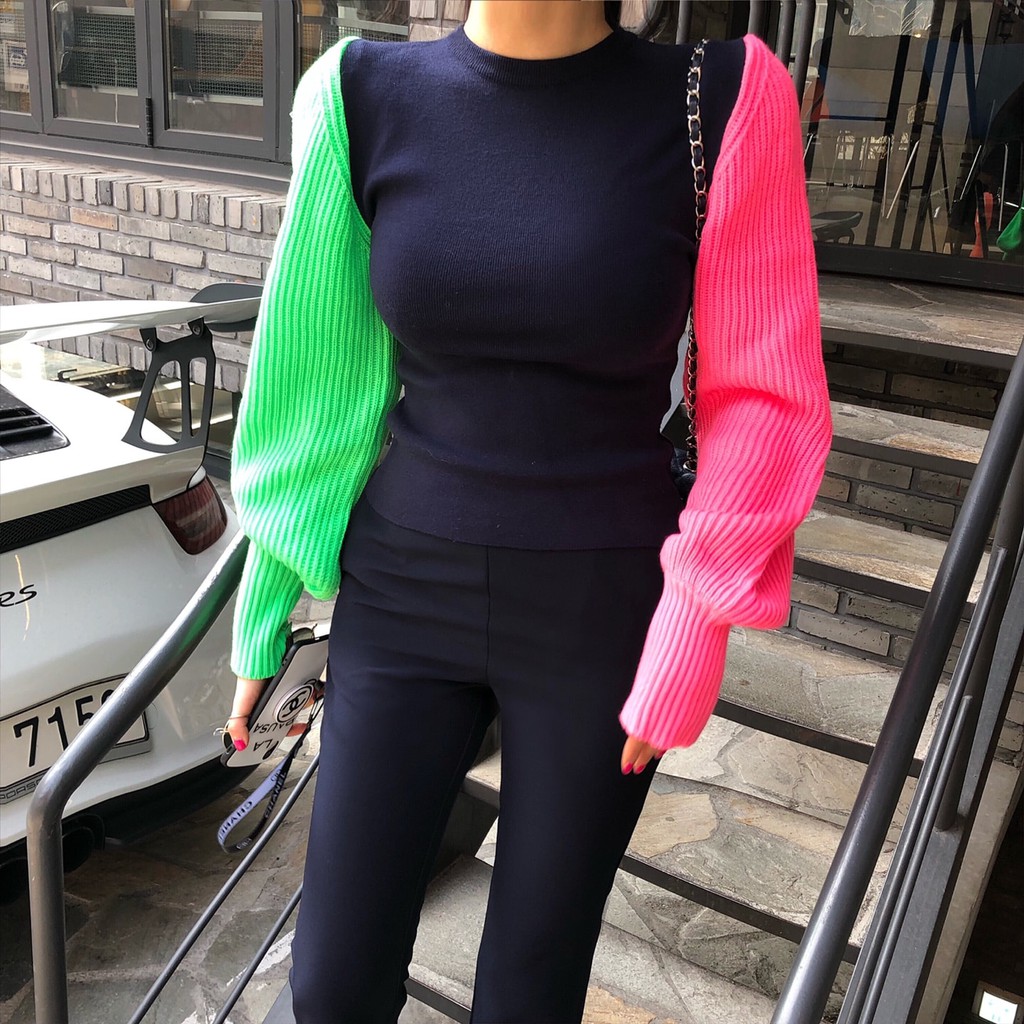 Áo Sweater Dệt Kim Tay Phồng Màu Sắc Cầu Vồng Phong Cách Hàn Quốc | BigBuy360 - bigbuy360.vn