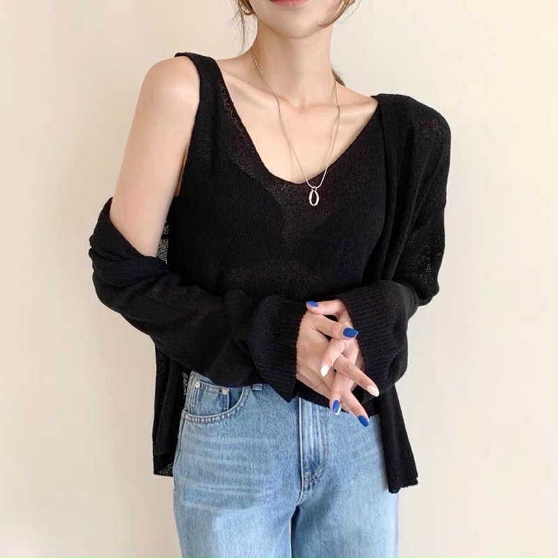 Set áo cặp áo len giấy cổ V sát nách, mix cùng cadigan trơn màu