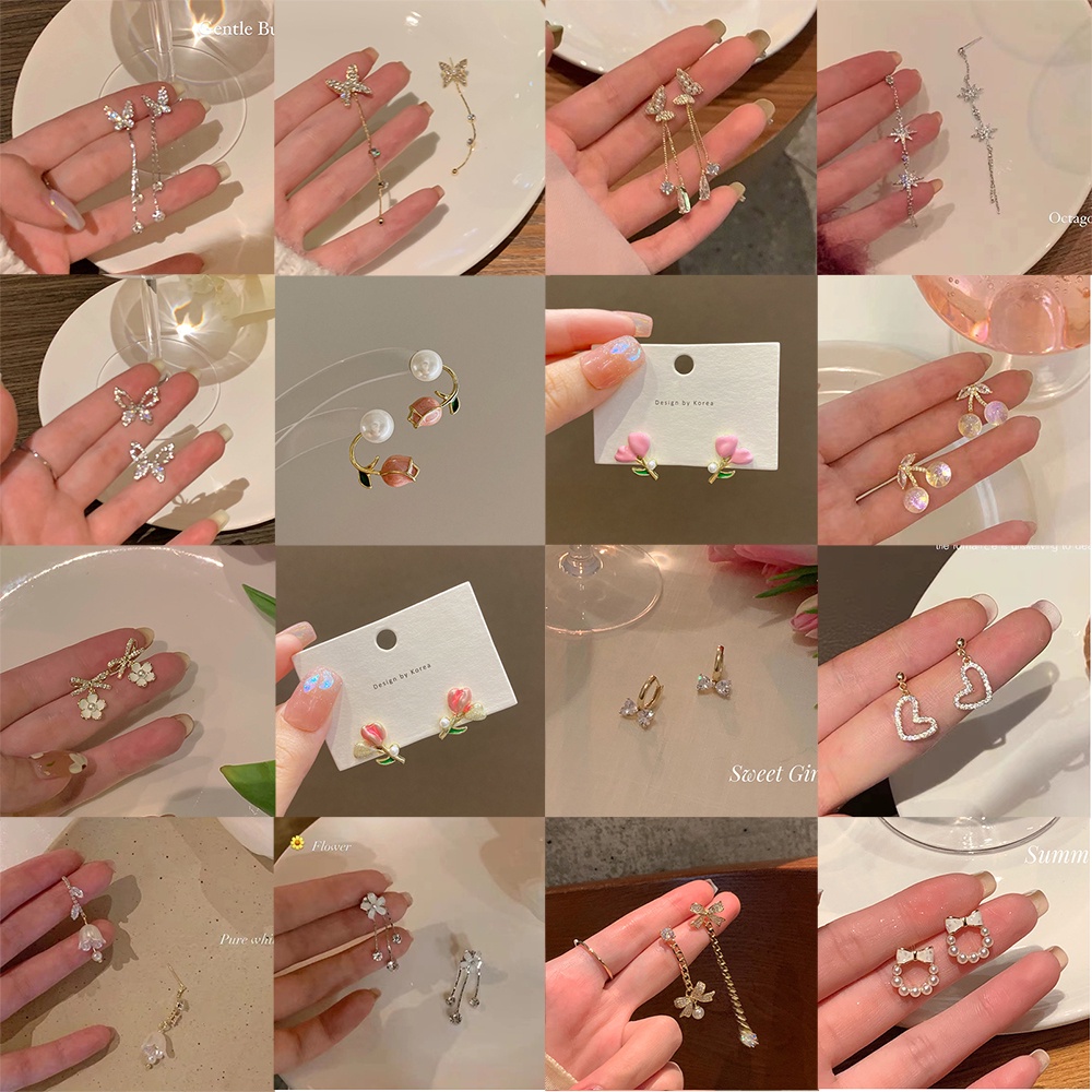 Bông Tai Hình Hoa Tulip / Trái Tim / Bướm Đính Đá Zircon / Ngọc Trai Giả Bằng
