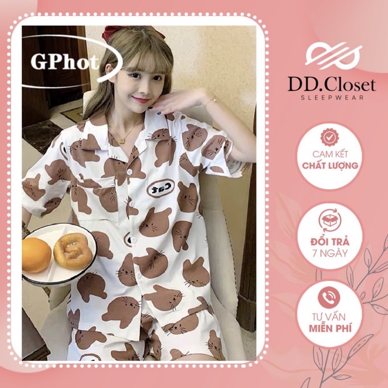 Bộ đồ pijama quần đùi nữ, Bộ ngủ mặc nhà nữ chất Kate Thái họa tiết gấu đáng yêu - CD0086