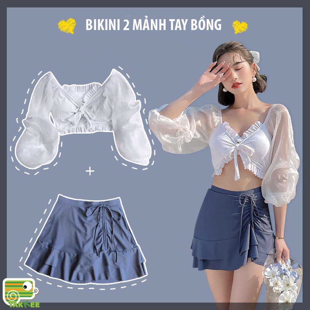 Đồ Bơi Nữ, Bikini Hai Mảnh Dáng Váy, Áo Tay Bồng Thời Trang Hot Trend Mới Nhất