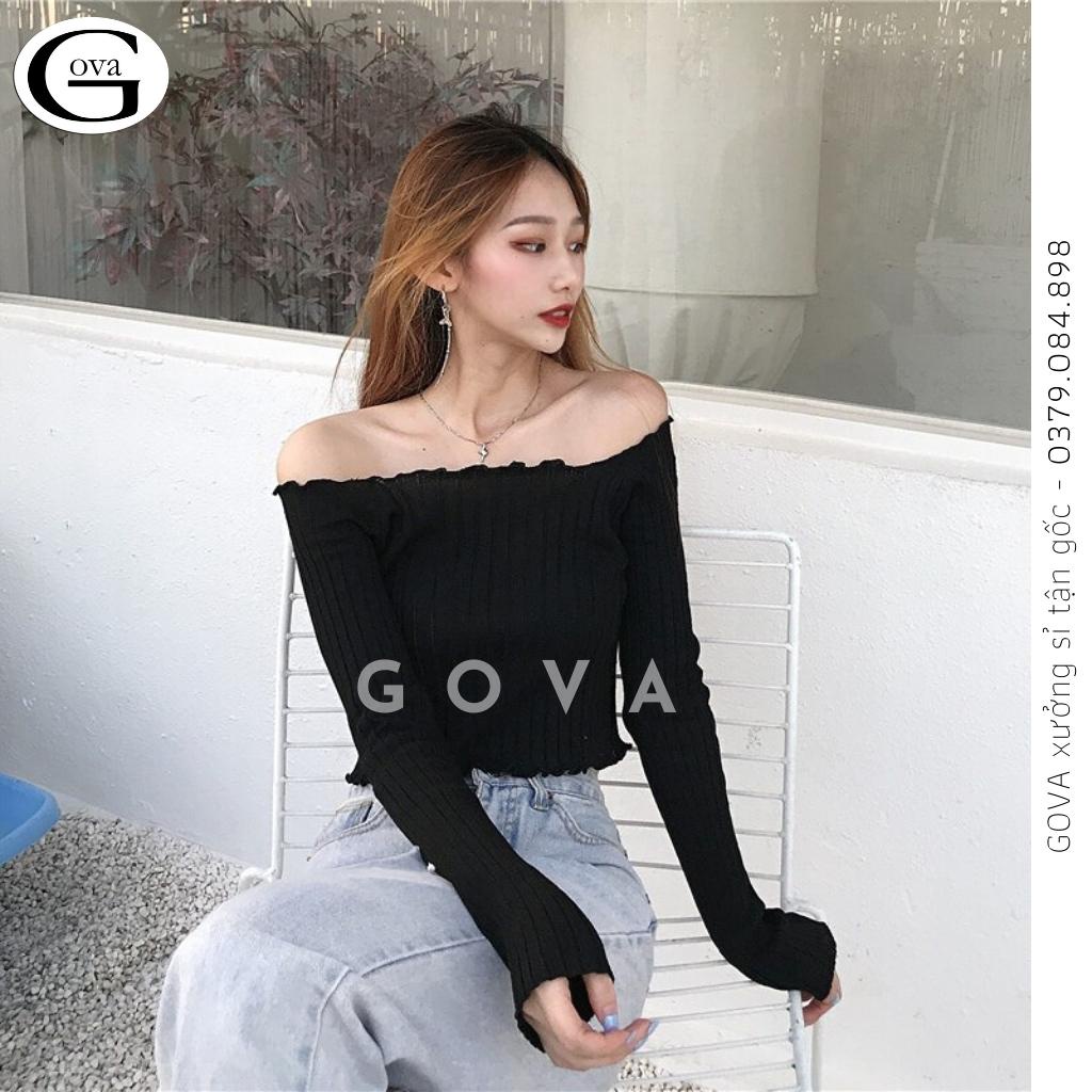 Áo Croptop TAY DÀI TRỄ VAI XOĂN Thun Gân Kiểu Sexy Nữ, Áo Thun Ôm Body Đẹp GOVA