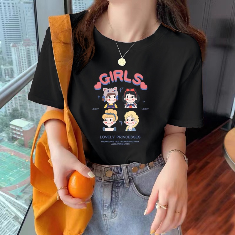 NRVP Áo thun 100% cotton tay ngắn cổ tròn dáng rộng in hình hoạt hình phong cách Hàn Quốc cho nữ