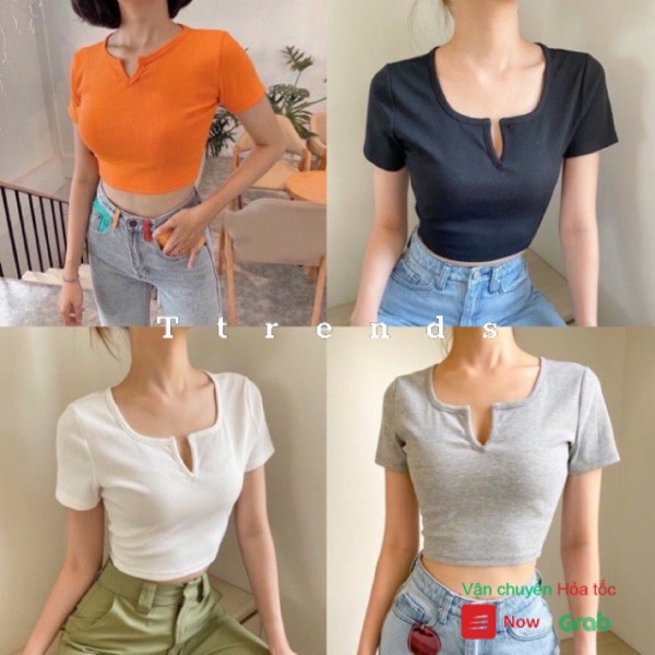 Áo croptop / Áo croptop nữ ulzzang xẻ cổ len tăm thấm hút mồ hôi AT19