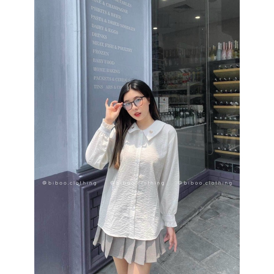 Áo sơ mi nữ dài tay form rộng thêu trái tim vải đũi 2 màu basic nội y xanh chất đẹp mầu trắng đen