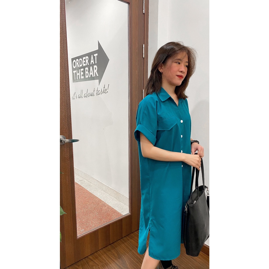 Đầm sơ mi tay ngắn-fom rộng xẻ tà-midi dressD120413 | BigBuy360 - bigbuy360.vn
