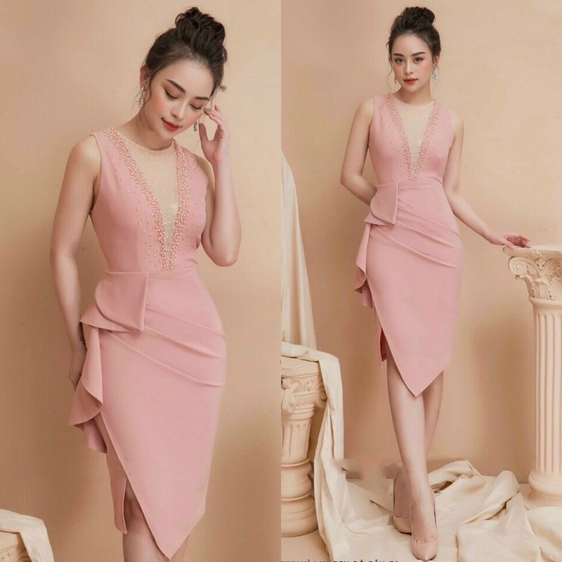 Đầm body ép đá tà xéo phối bèo M/L/XL/2XL⚡️Đầm dự tiệc