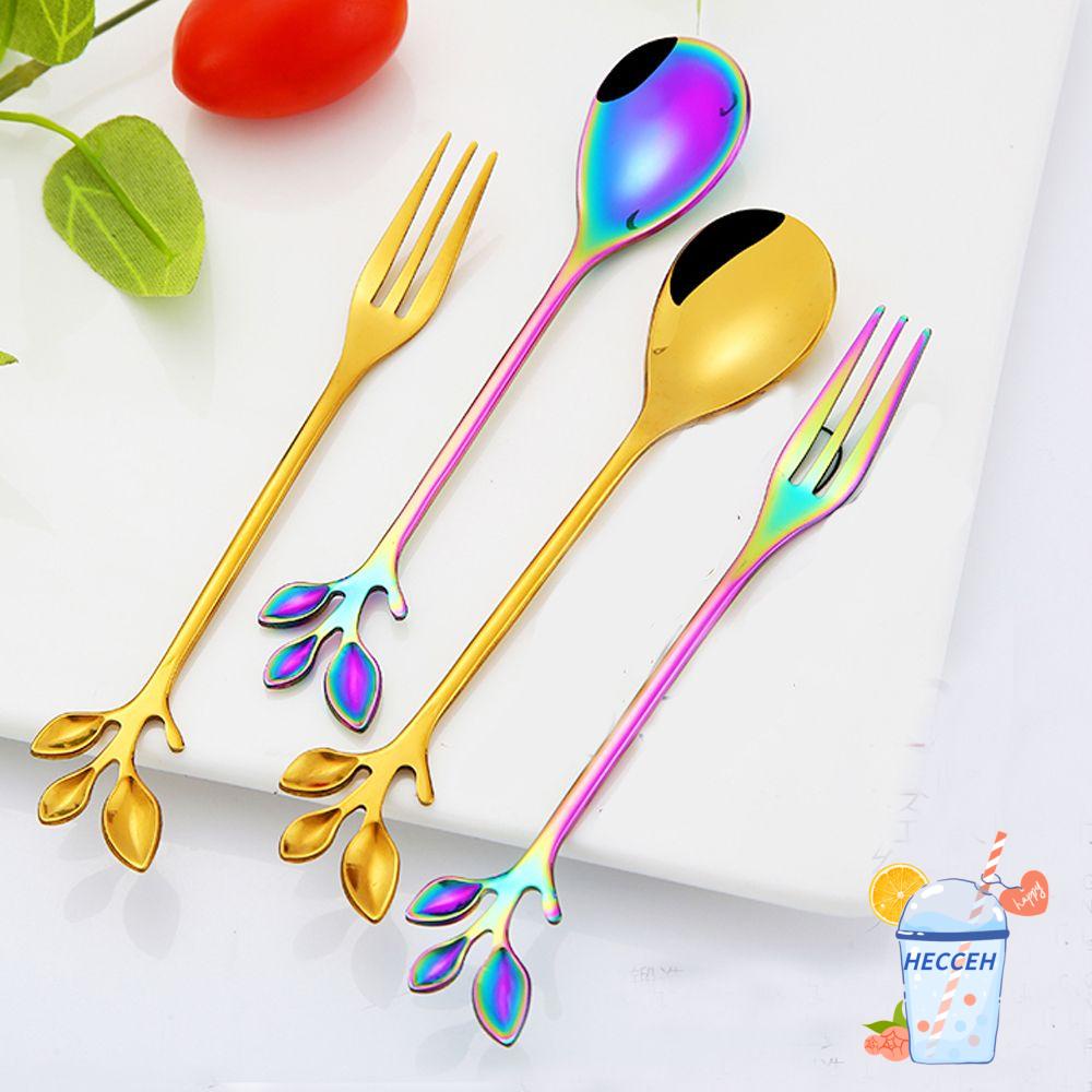 Muỗng cà phê bằng thép không gỉ thiết kế hình nhánh lá nhiều màu sắc độc đáo