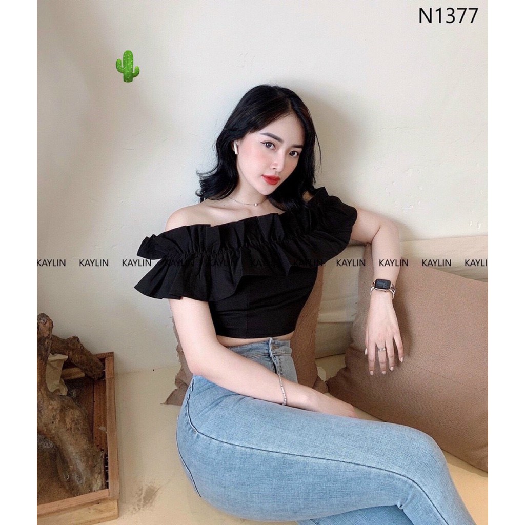 Áo kiểu nữ trễ vai viền bèo nhún to vải kate Hàn PC