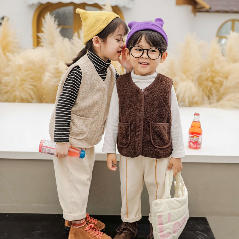 Áo gile lông cho bé áo gi lê lót lông cho bé trai bé gái có túi đáng yêu cực ấm