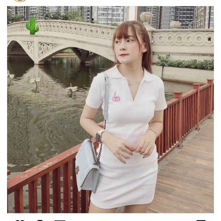Đầm body cổ trụ thêu cherry, Chất: thun borip, Size: