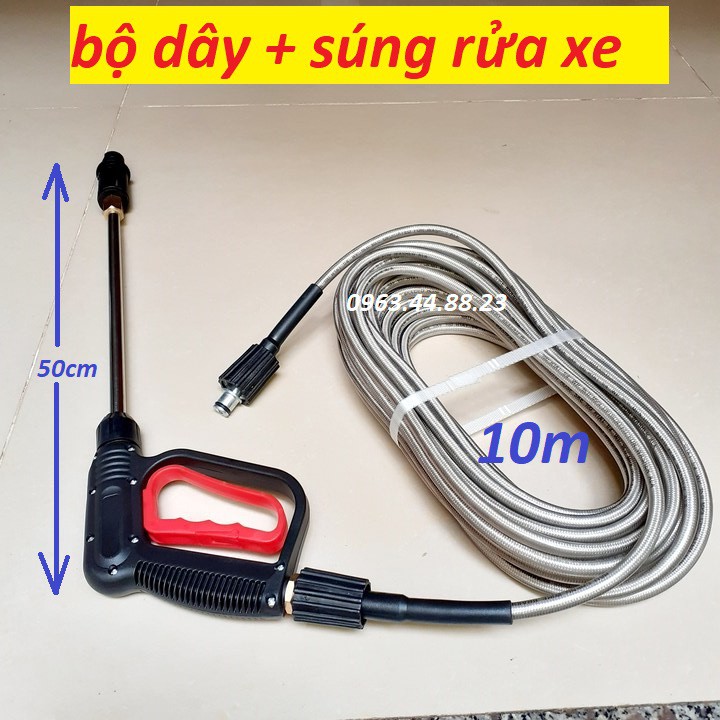 bộ súng xịt và dây rửa xe 10m-ren 14mm - súng cò đỏ dài+dây 10m