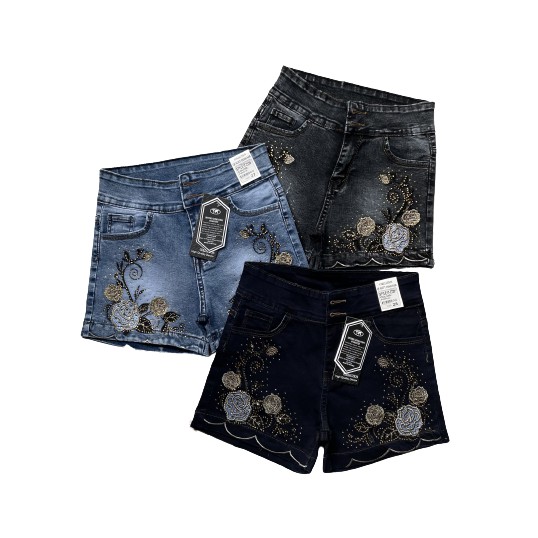 Quần sọt jean nữ lưng cao 2 nút vải co giãn mạnh thêu giọt nước