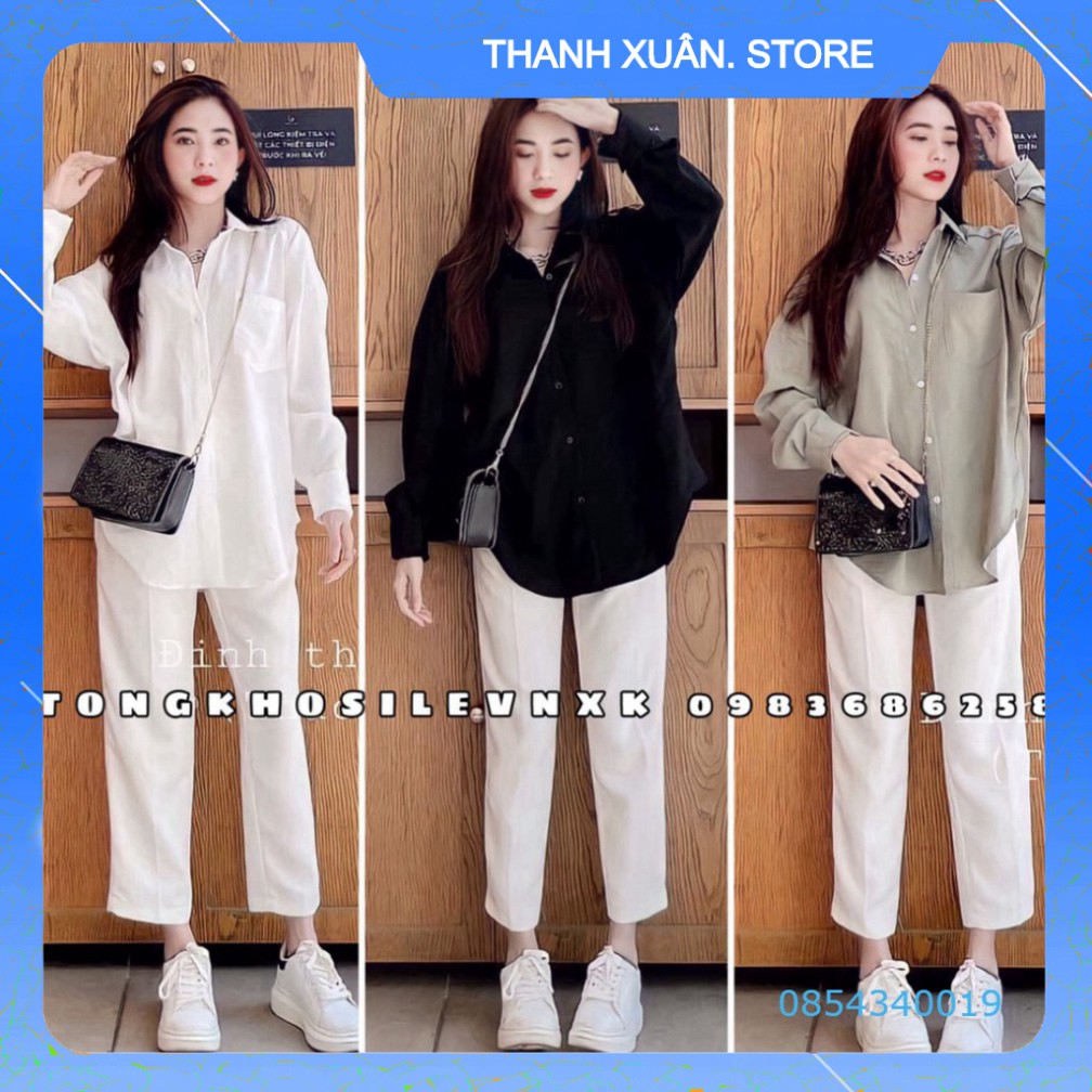 Set Sơ Mi Đũi Đen Xám Trắng Nữ 🌸 Bộ quần culottes suông ống rộng trắng kèm áo đũi dài tay form rộng Ulzzang 👗💝-TXShop
