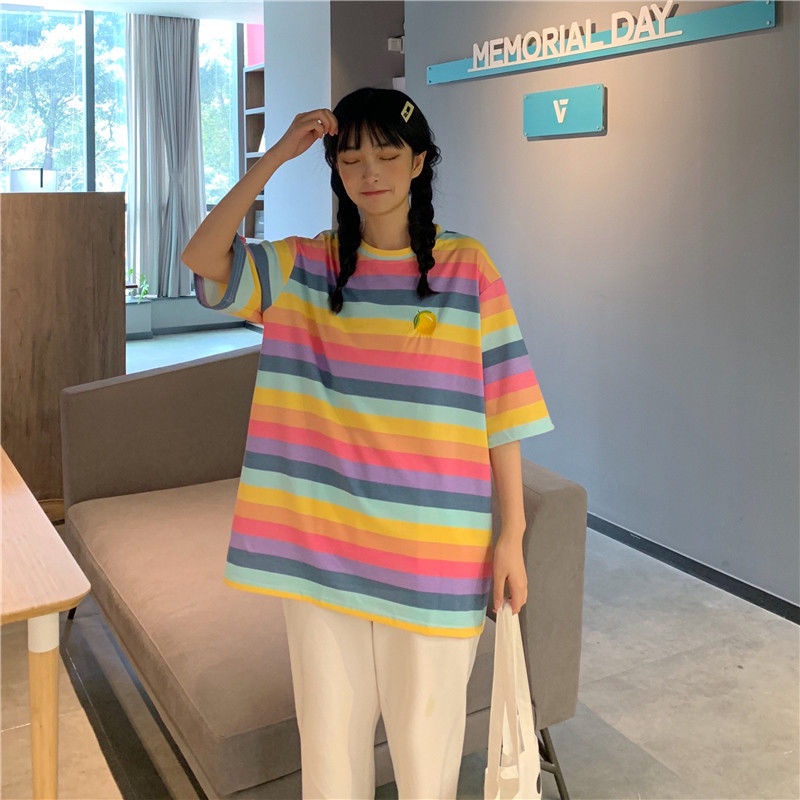 Áo Thun Tay Ngắn Dáng Rộng Kẻ Sọc Cầu Vồng Phong Cách Hàn Quốc Thời Trang Mùa Hè Cho Học Sinh / BFF Xuan Ya