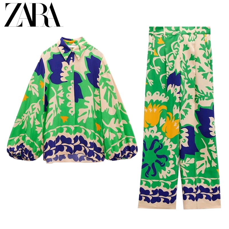 Zara Bộ Áo Sơ Mi Dáng Rộng In Họa Tiết + Quần Lưng Cao Ống Rộng Xinh Xắn Theo Phong2831181 2843180