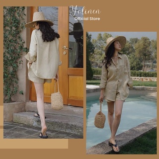 Bộ Sơ Mi Nữ YOLINEN Màu Be Nhẹ Nhàng Phong Cách Vintage Hàn Quốc, Chất Linen Mềm Mát BSM01
