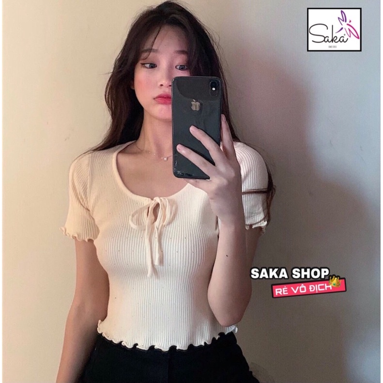 Áo thun buộc nơ cuốn biên vải đẹp màu pastel