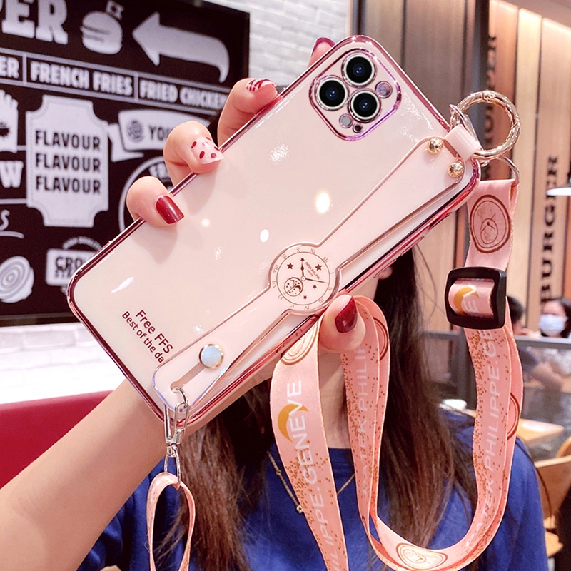 Ốp Điện Thoại Mạ Sang Trọng Có Dây Đeo Chéo Cho iphone X XS Max XR SE 2020 7 8 6 6s Plus