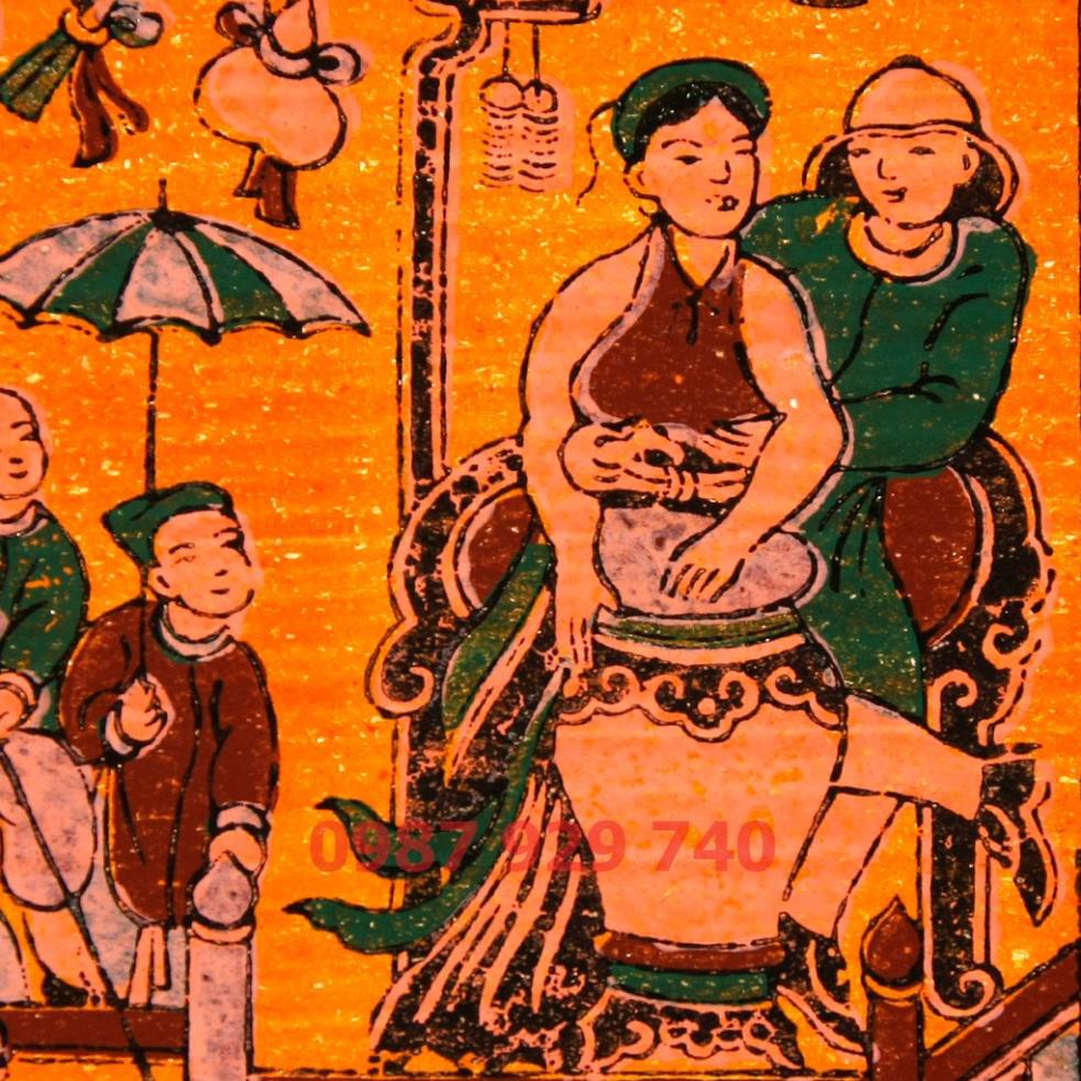 [Tranh Đông Hồ] Bức Đu Quay, đánh đu - không khung tranh, Dong Ho folk paintings Viet Nam national cultural heritage