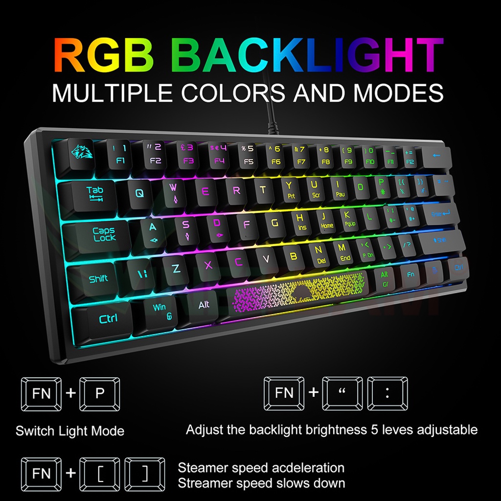 Bàn phím chơi game mini Vinetteam K61 Led RGB 10 Chế Độ 62 phím ,Bấm Êm,Thiết Kế Nhỏ Gọn,Dùng Cho Máy Tính, Laptop -4746