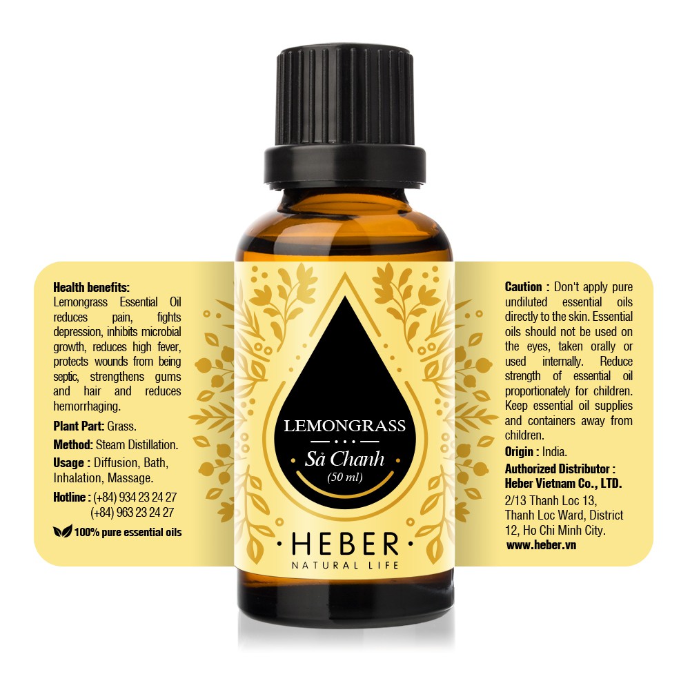 Tinh Dầu Sả Chanh Lemongrass Heber Natural Life, Cao Cấp Nhập Khẩu, Thiên Nhiên Nguyên Chất Xông Phòng, 10ml/30ml/50ml