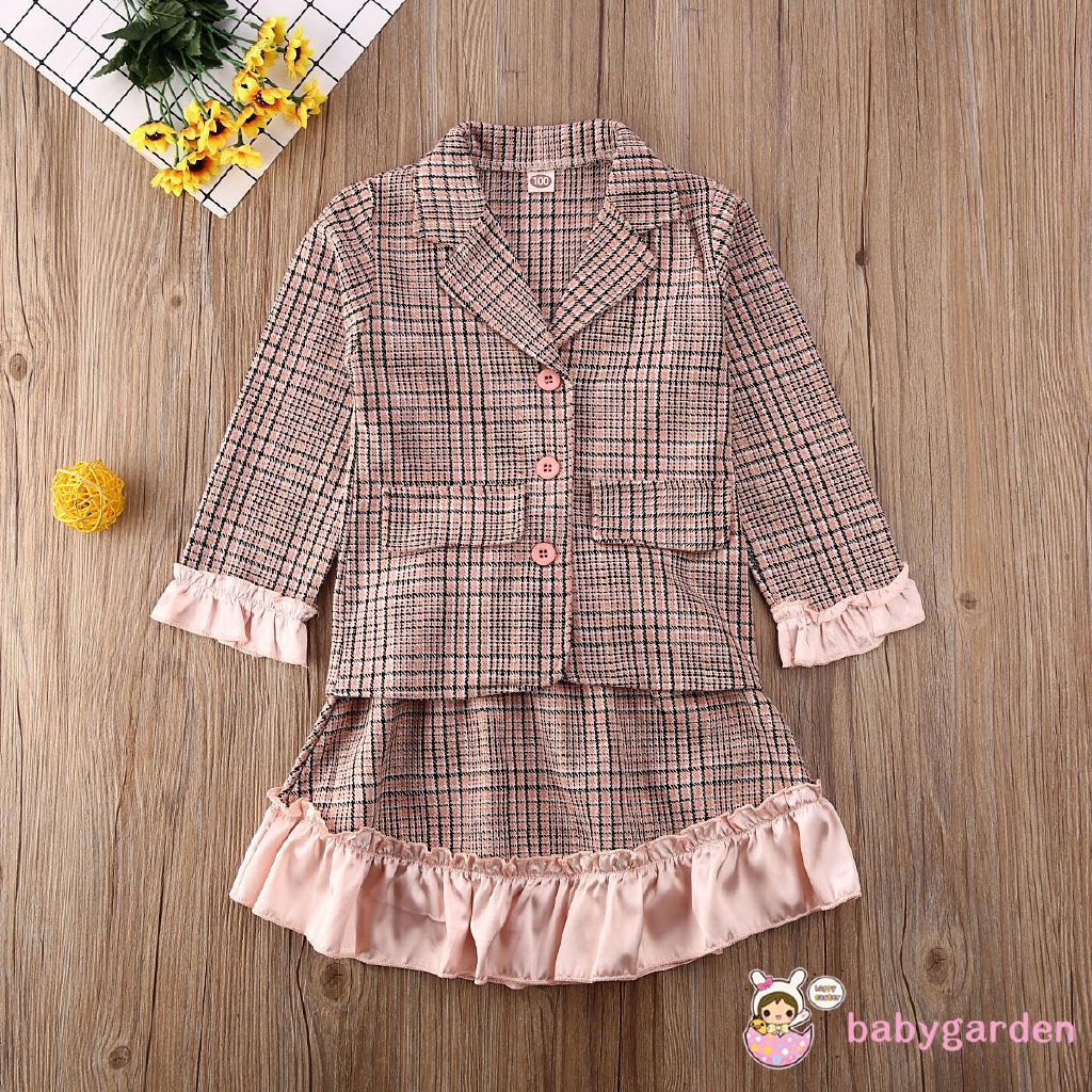 Set 2 món áo khoác tay dài viền bèo + chân váy xoè dễ thương cho bé gái