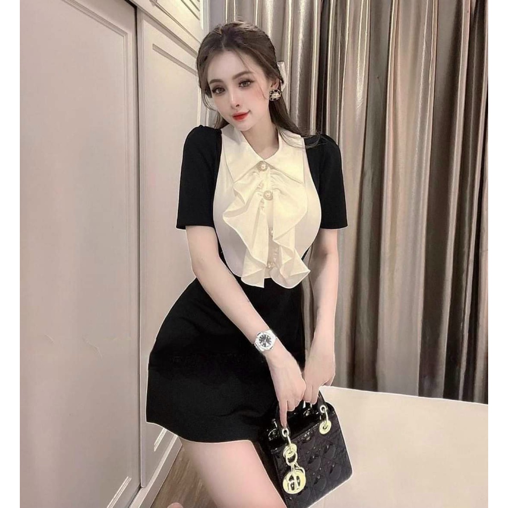 Váy đầm nữ dáng ôm cổ bẻ phối bèo trẻ trung thanh lịch