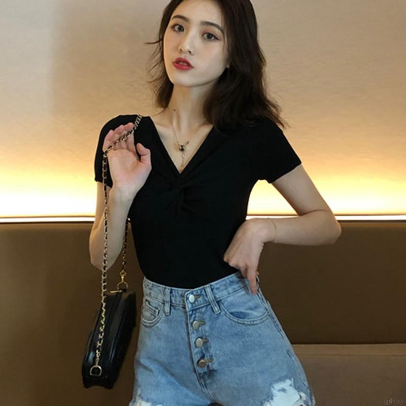 Áo Thun Dệt Kim Tay Ngắn Cổ Chữ V Màu Trơn Phong Cách Hàn Quốc