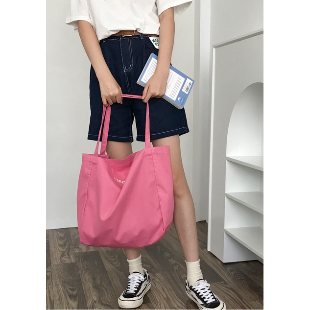 Túi Tote Vải Canvas Đeo Vai Thêu Chữ Màu Kem Phong Cách Thời Trang Hàng Ngày Mới