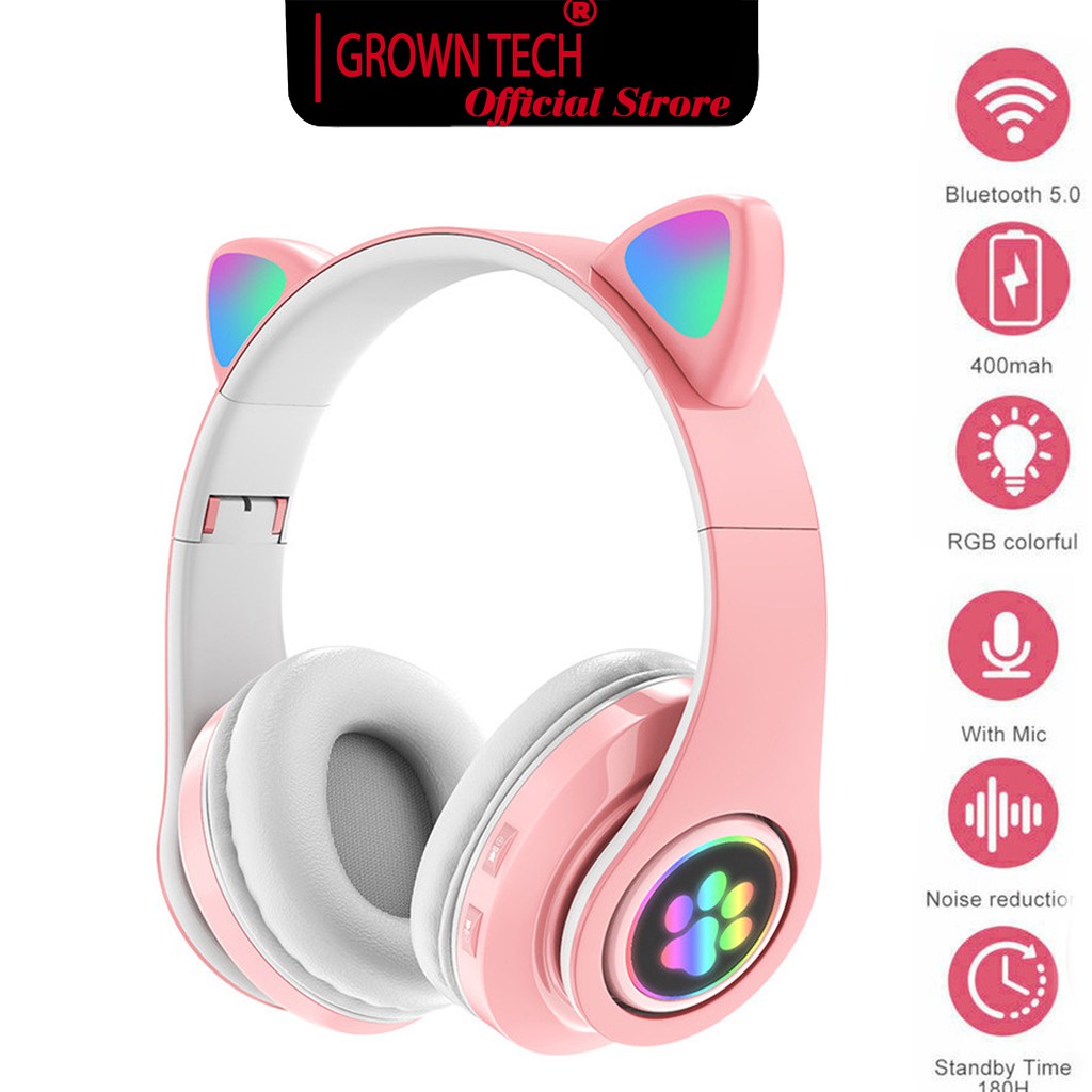 Tai nghe bluetooth GrownTech B39 mèo 2021 On-Ear bluetooth 5.0 có đèn led, micro pin chuẩn 4500mah