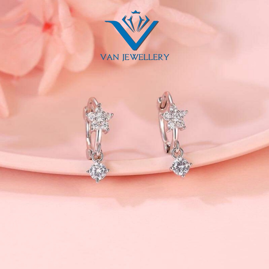 Khuyên tai bạc Khuyên tròn sát tai mặt hoa thả đá xinh Van Jewelry V10066