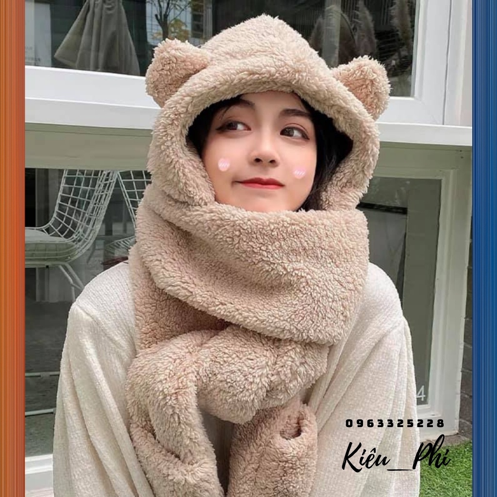 Mũ Len Lông cừu Tai Gấu Chụp đầu Giữ ấm Mùa Đông Dễ thương Ulzzang Hàn Quốc Mũ Len Tai gấu Chụp đầu Choàng cổ