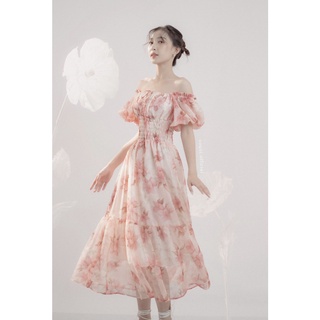 COQUI - Đầm dài voan hoa trễ vai tay phồng - Rosy Dress