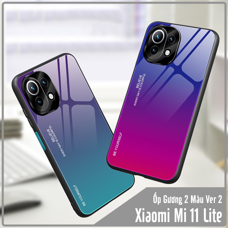 Ốp lưng cho Xiaomi Mi 11 Lite 4G - 5G - NE gương cứng 2 màu Gradient Ver 2 , viền TPU dẻo đen