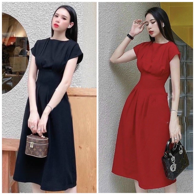 Đầm váy xếp li eo tay con 2 màu (kèm hình thật)