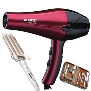 Máy sấy tóc 2 chiều công suất 2000W Kemesi+ Máy làm tóc sóng nước 3 trục Kemei + Tặng bộ làm móng 10 món