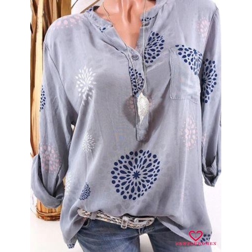 NFW♥Women Summer Long Sleeve T-shirt V Neck Casual Loose Floral Boho Tops Blouse Shirt | BigBuy360 - bigbuy360.vn