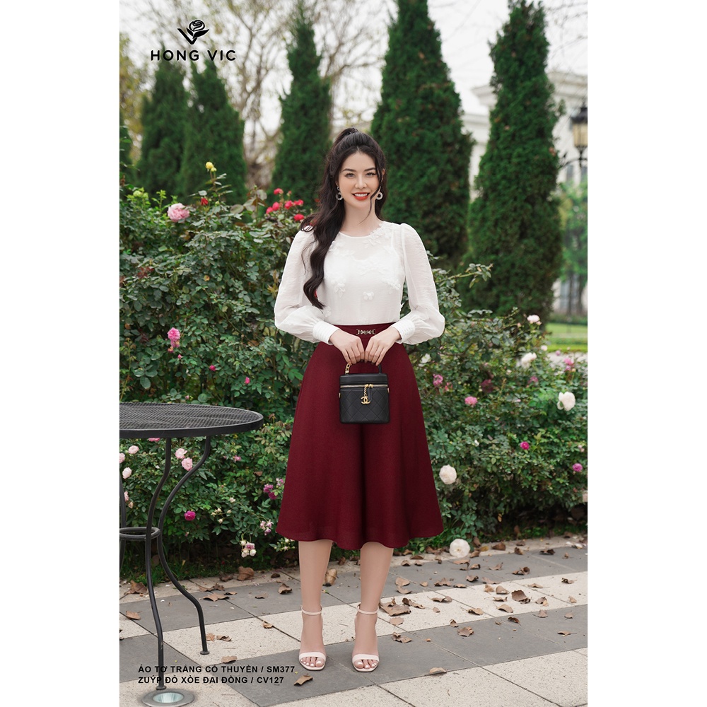 Chân váy nữ thiết kế Hong Vic đỏ xòe đai đồng CV127
