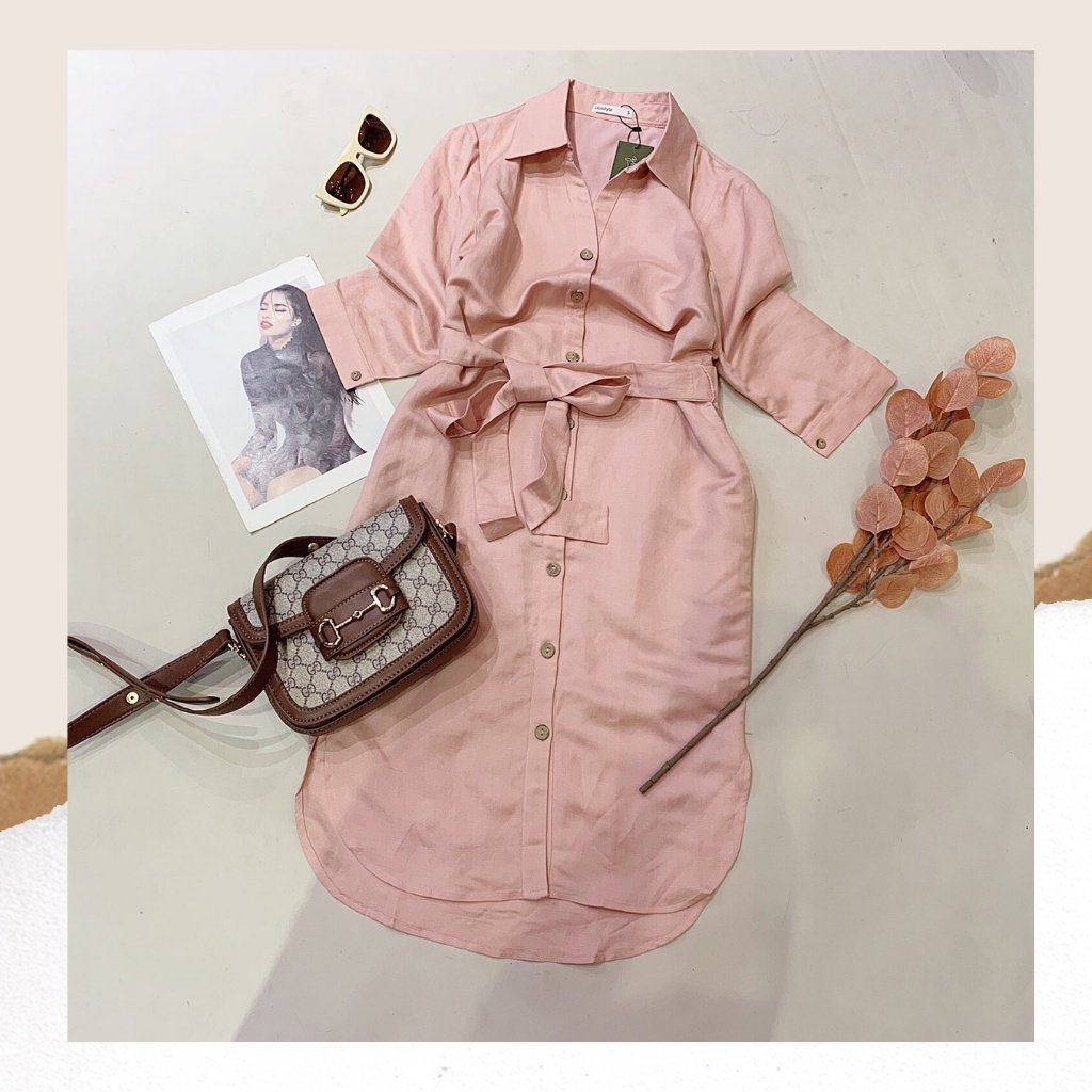 Đầm sơ mi linen màu hồng Lalastyle
