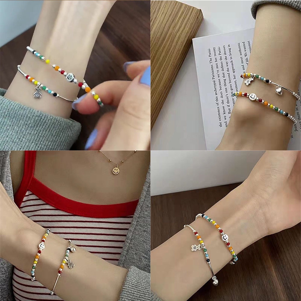 Vòng Tay Chuỗi Hạt Co Giãn Nhiều Màu Sắc Mặt Cười Hình Gấu Mặt Cười Thời Trang Hàn Quốc Cho Nữ