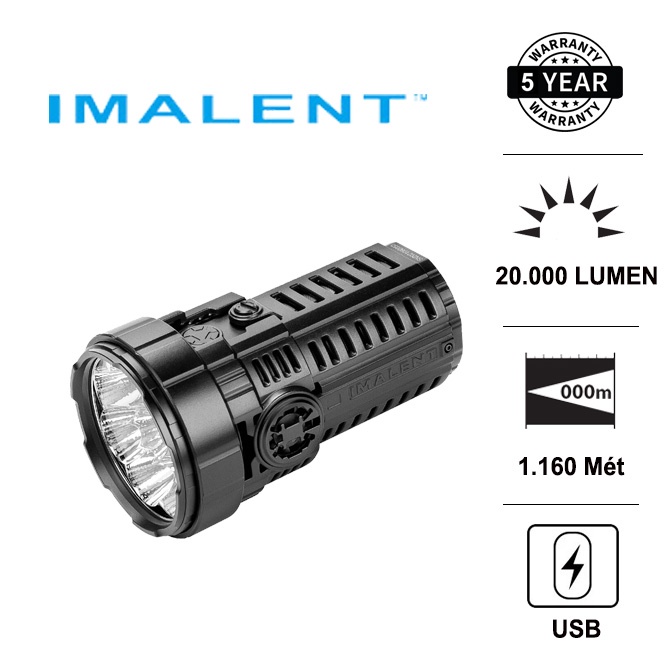 Đèn pin IMALENT RS50 độ sáng 20000lm xa 1160m sử dụng 8 LED CREE XHP50.3, pack pin tích hợp 3 pin 21700
