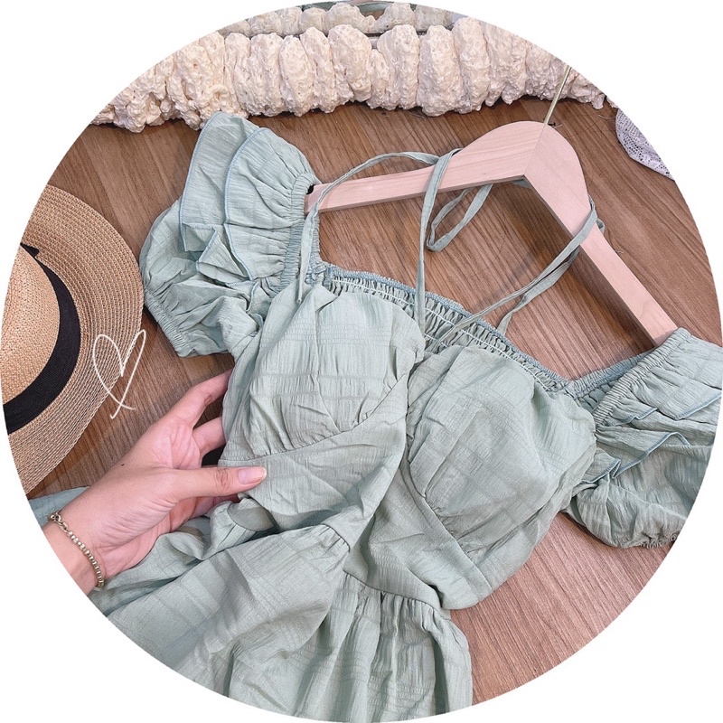 ĐẦM XANH MIDI DÂY CHÉO CỔ TAY BỒNG