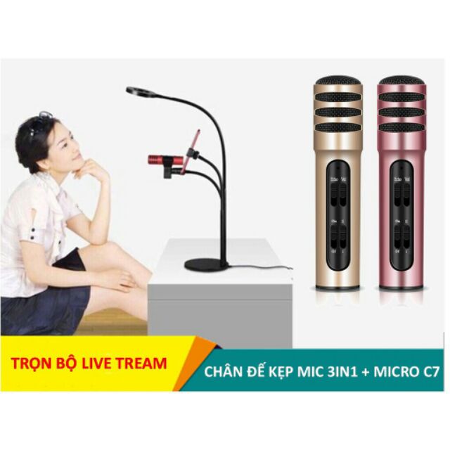 [Combo] Bộ hát karaoke, live tream trên điện thoại ( Chân đế kẹp mic 3in1 có đèn Led + Micro C7) 2 món