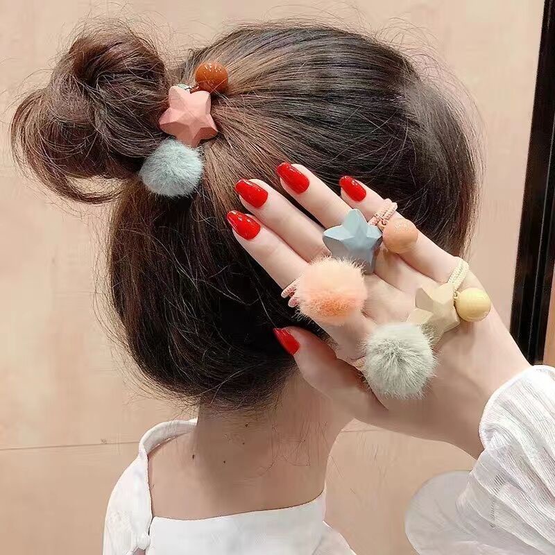 Dây Buộc Tóc Cao Su Co Giãn Phối Bóng Lông Hình Ngôi Sao Năm Cánh Màu Sắc Ngọt Ngào Phong Cách Hàn Quốc