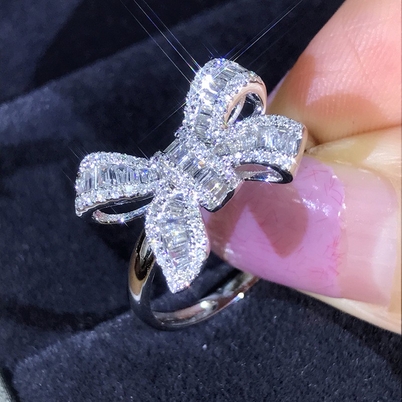 S925 Nhẫn bạc sterling 925 mặt nơ khảm đá cho nữ